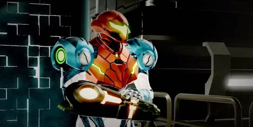 A screenshot showing Samus in her new suit in Metroid Dread