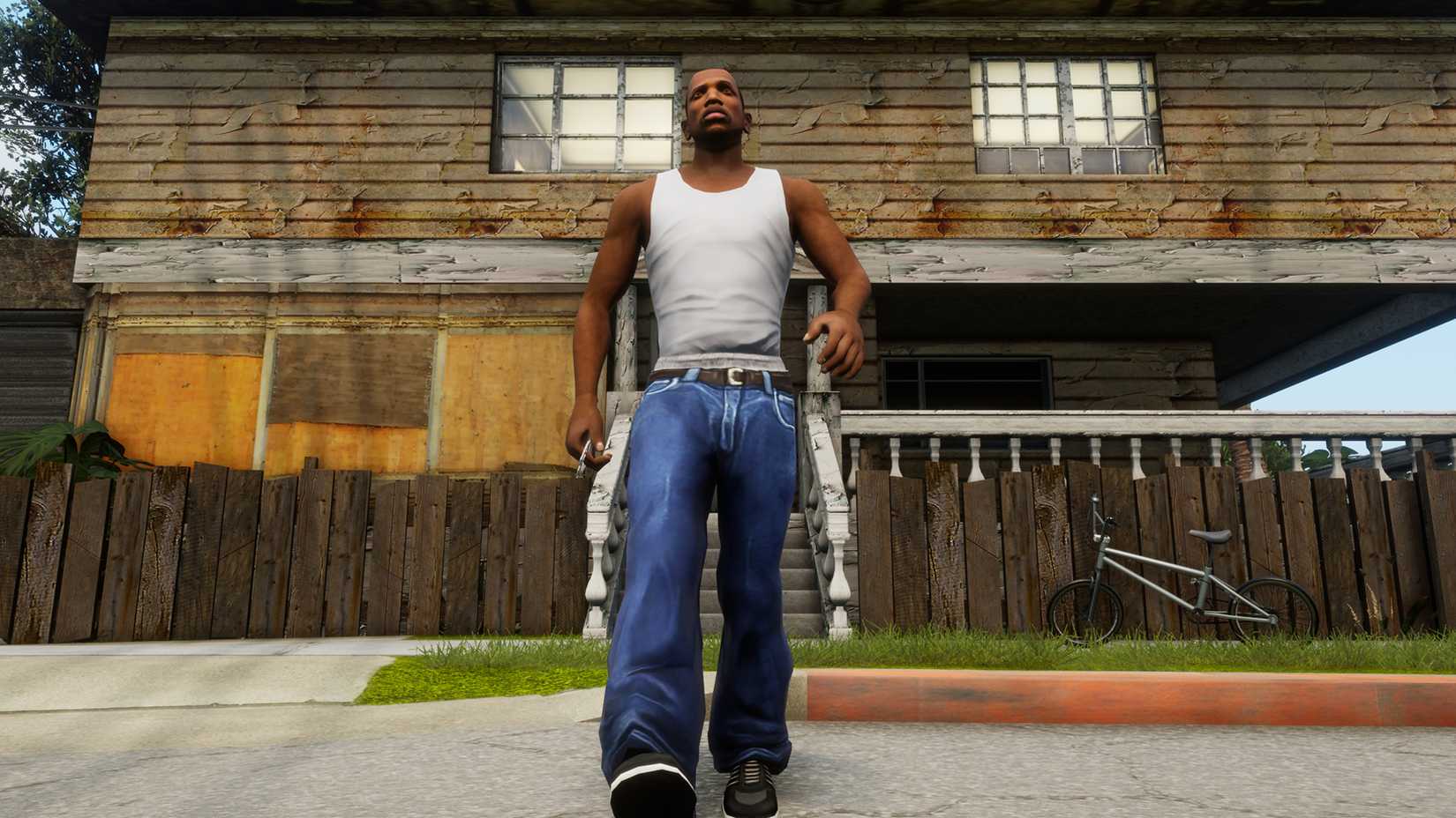 CJ walking towards the camera in Grand Theft Auto San Andreas Remaster.