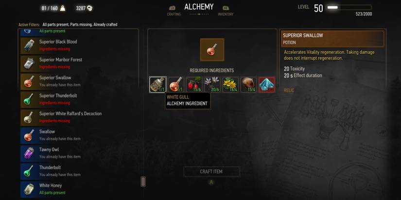 The Witcher 3 Screenshot Of Superior Swallow Alchemy