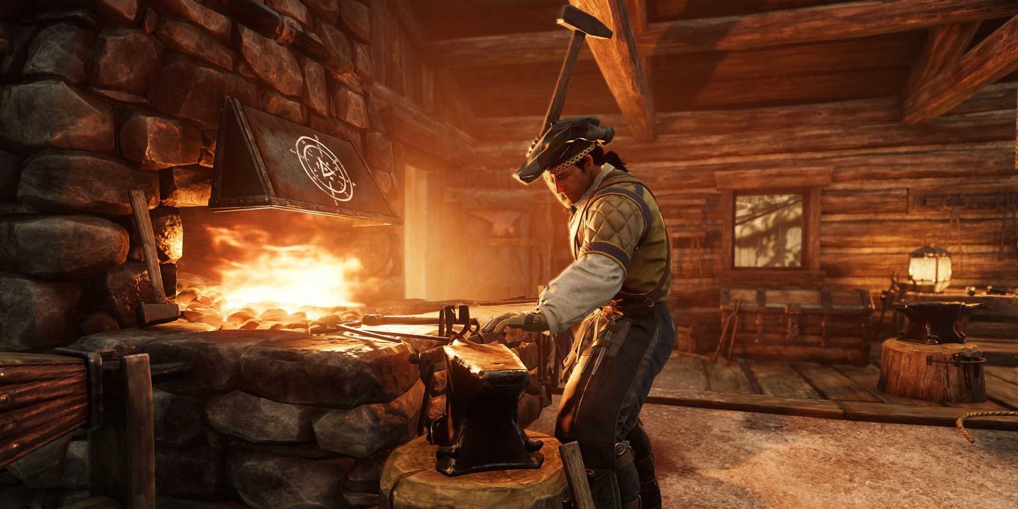 A player stands at a forge, hammering an item on an anvil