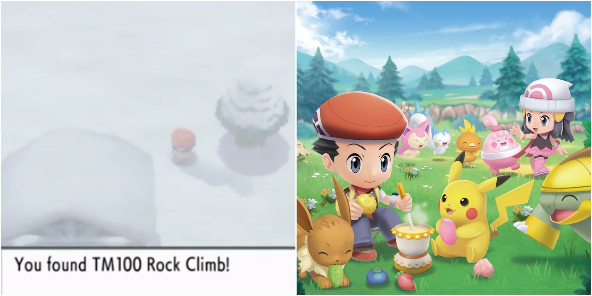 A split image of a trainer picking up Rock Climb in Pokemon Brilliant Diamond and Shining Pearl and official artwork in Pokemon Brilliant Diamond and Shining Pearl.