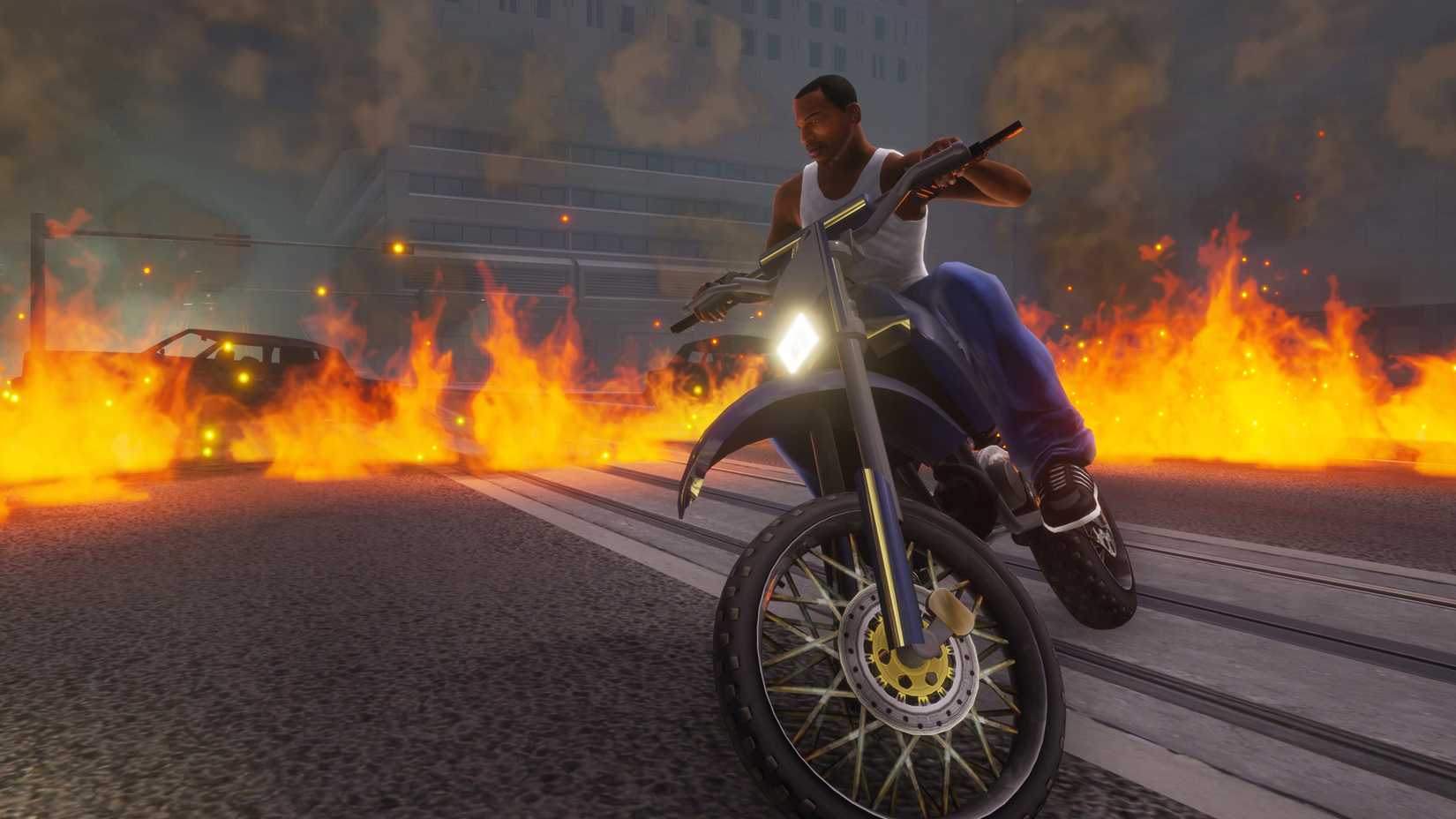 CJ riding a bike around a fire in Grand Theft Auto San Andreas.