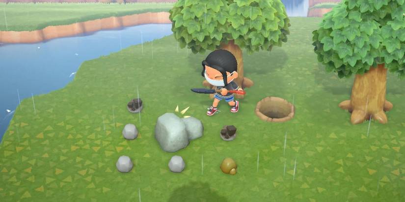 Animal Crossing New Horizons - Player hitting rock