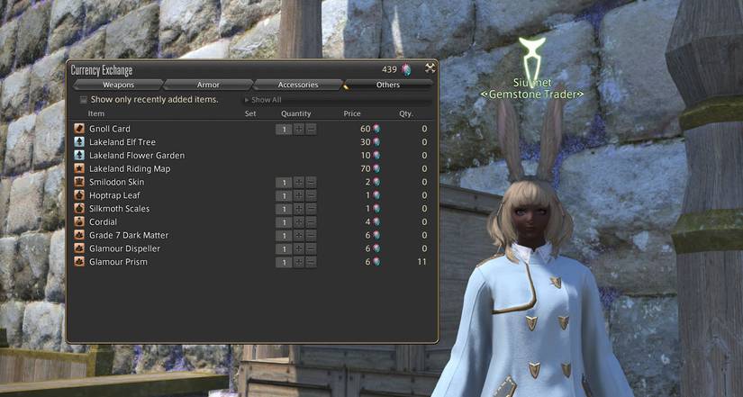 Final Fantasy 14 - The Lakeland Gemstone Trader NPC with their wares menu open.