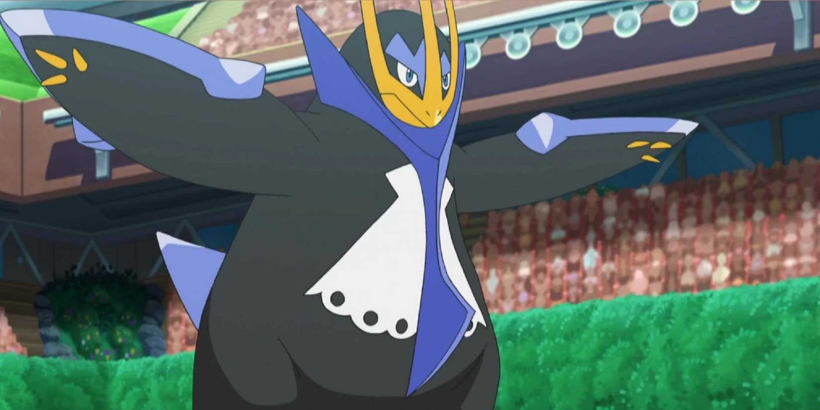 Empoleon spreads its short penguin wings in the Pokemon anime.