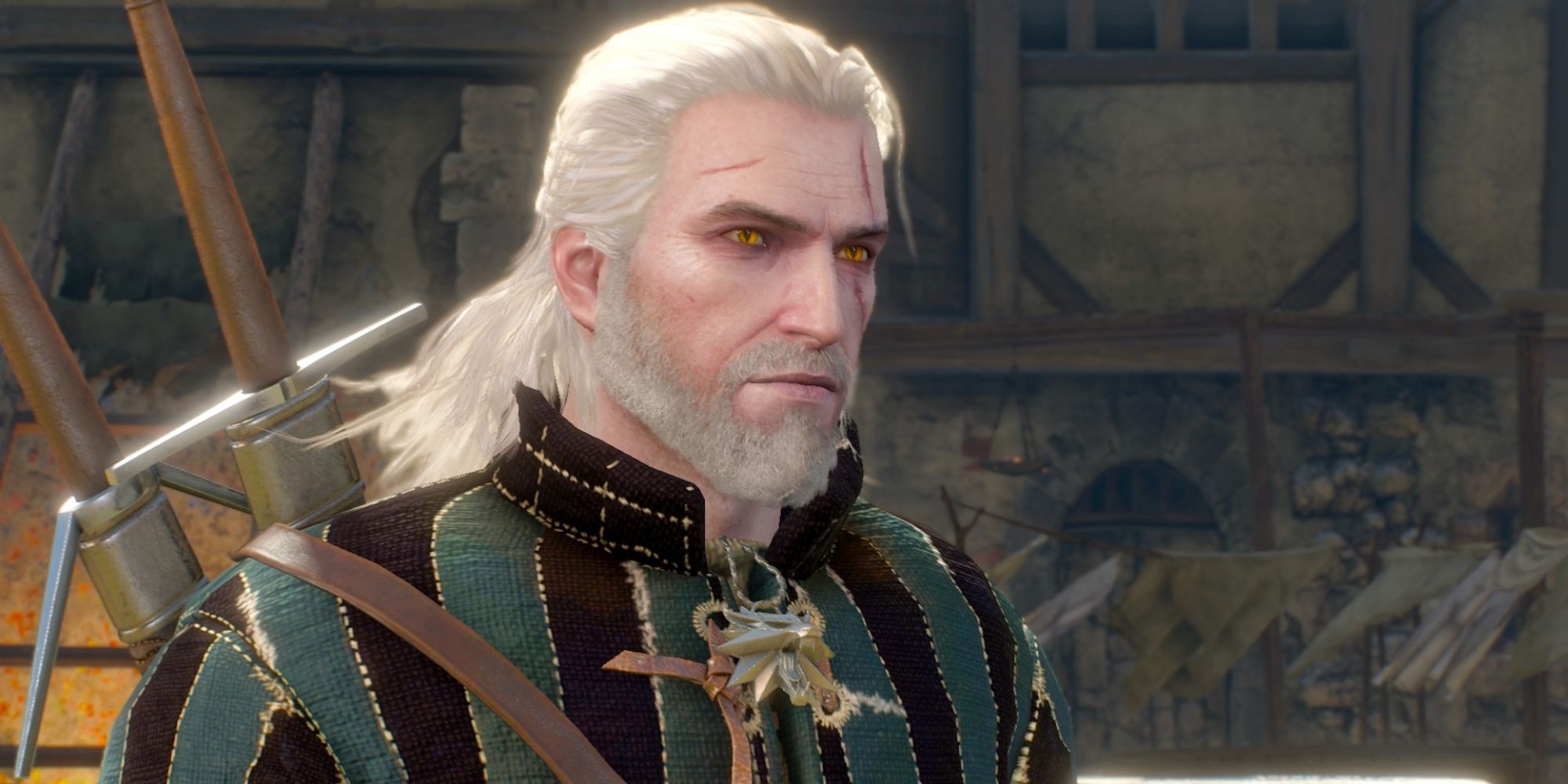 The Witcher 3 geralt with hair loosely gathered and tied behind the head while standing in novigrad