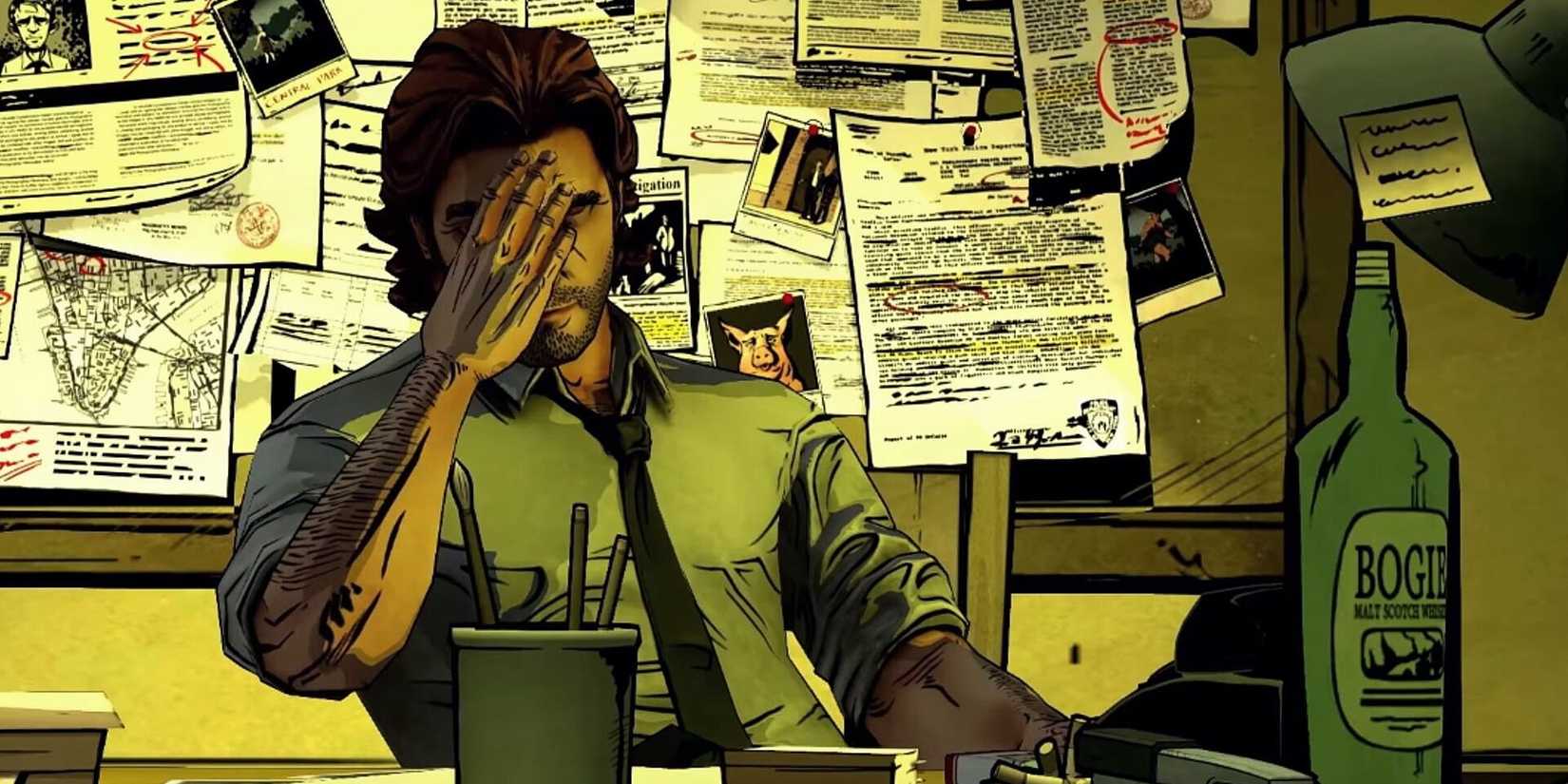 An image of Bigby with his face on a desk in The Wolf Among Us.