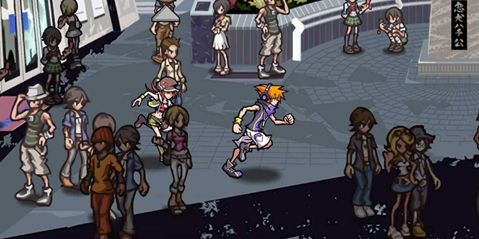 Screenshot from The World Ends With You showing Neku exploring Shibuya.