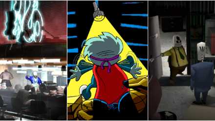 90s Point & Click on the left a bar in Blade Runner, in the middle Pajama Sam from Pajama Sam: No Need To Hide When It's Dark and on the right Manuel