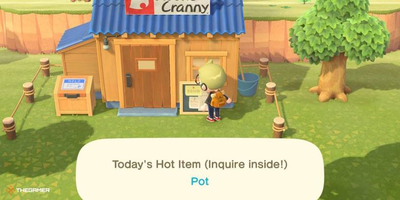 Animal Crossing New Horizons - Player outside Nook's Cranny, looking at the Hot Item board