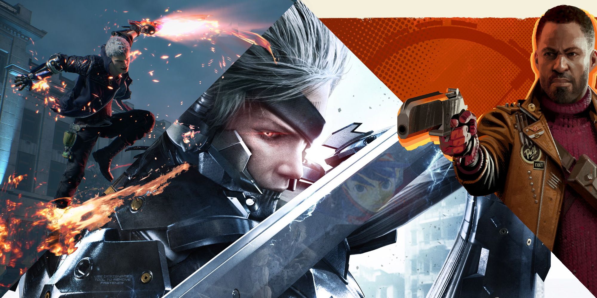 Games That Make You Feel Powerful Featured Image (with Raiden from Metal Gear Rising, Nero from Devil May Cry 5, and Colt from Deathloop)