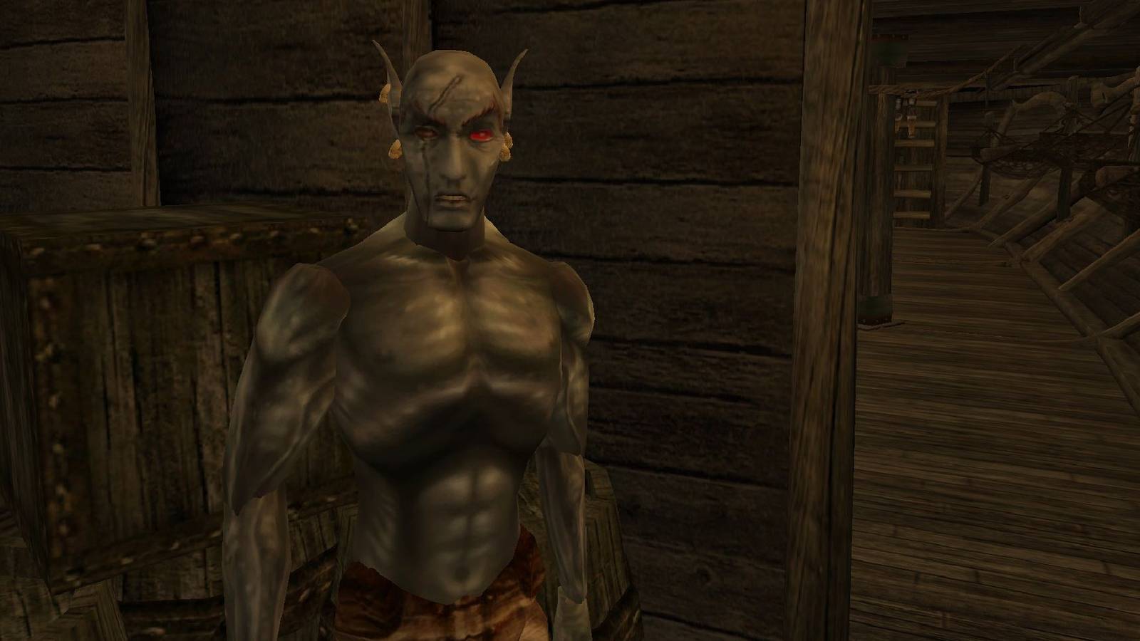 Morrowind Jiub standing at the back of the boat topless, one eye scarred and the other red
