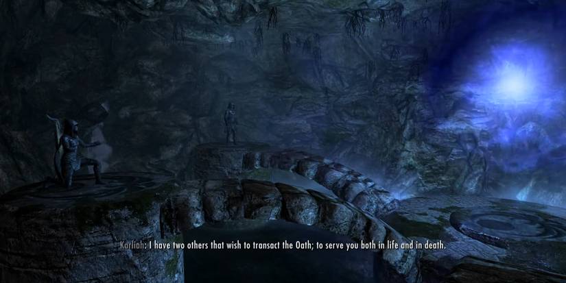 player, karliah, and brynjolf participating in the nightingale oath ceremony