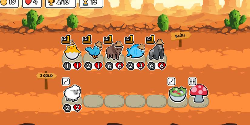 A line of pets with lovely hats looking at a sheep, a salad, and a mushroom.