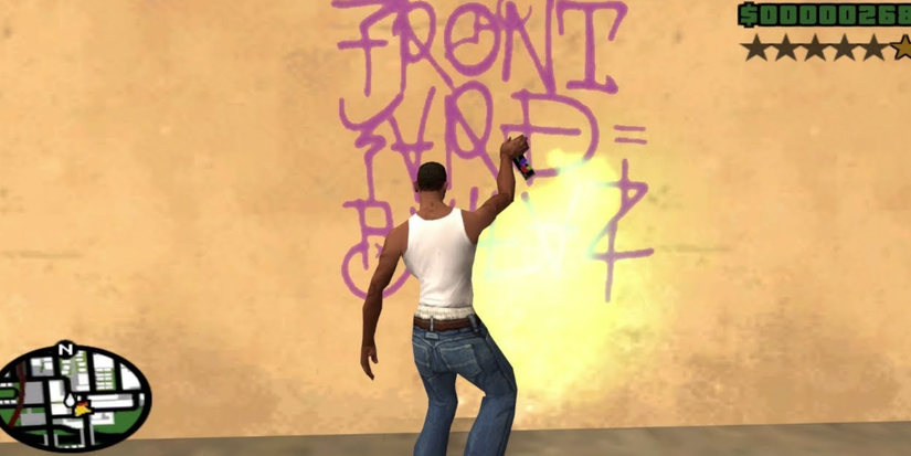 CJ from GTA San Andreas spray painting over a rival gang's tag.