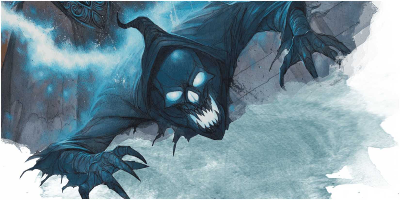 D&D grim reaper-ish Deathlock flying forward with claws raised and skeletal mouth open, from Dungeons & Dragons (DND).