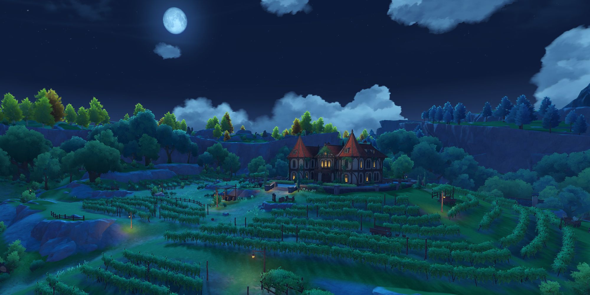 A screenshot of Genshin Impact, showing the Dawn Winery beneath a full moon