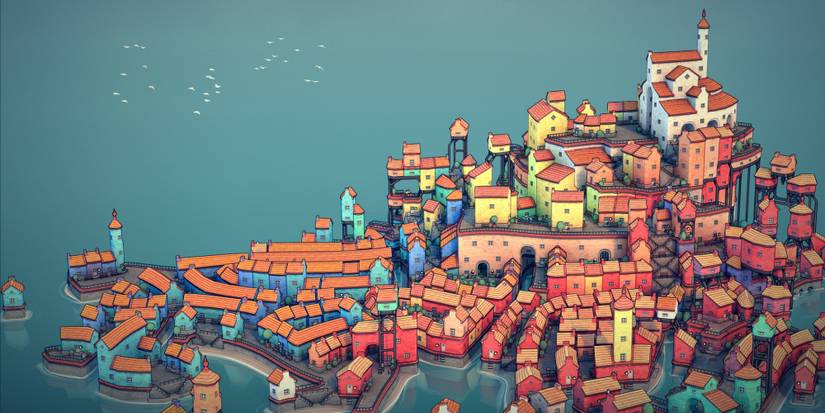 A cluster of small buildings tiered into a massive town sitting in the middle of the water