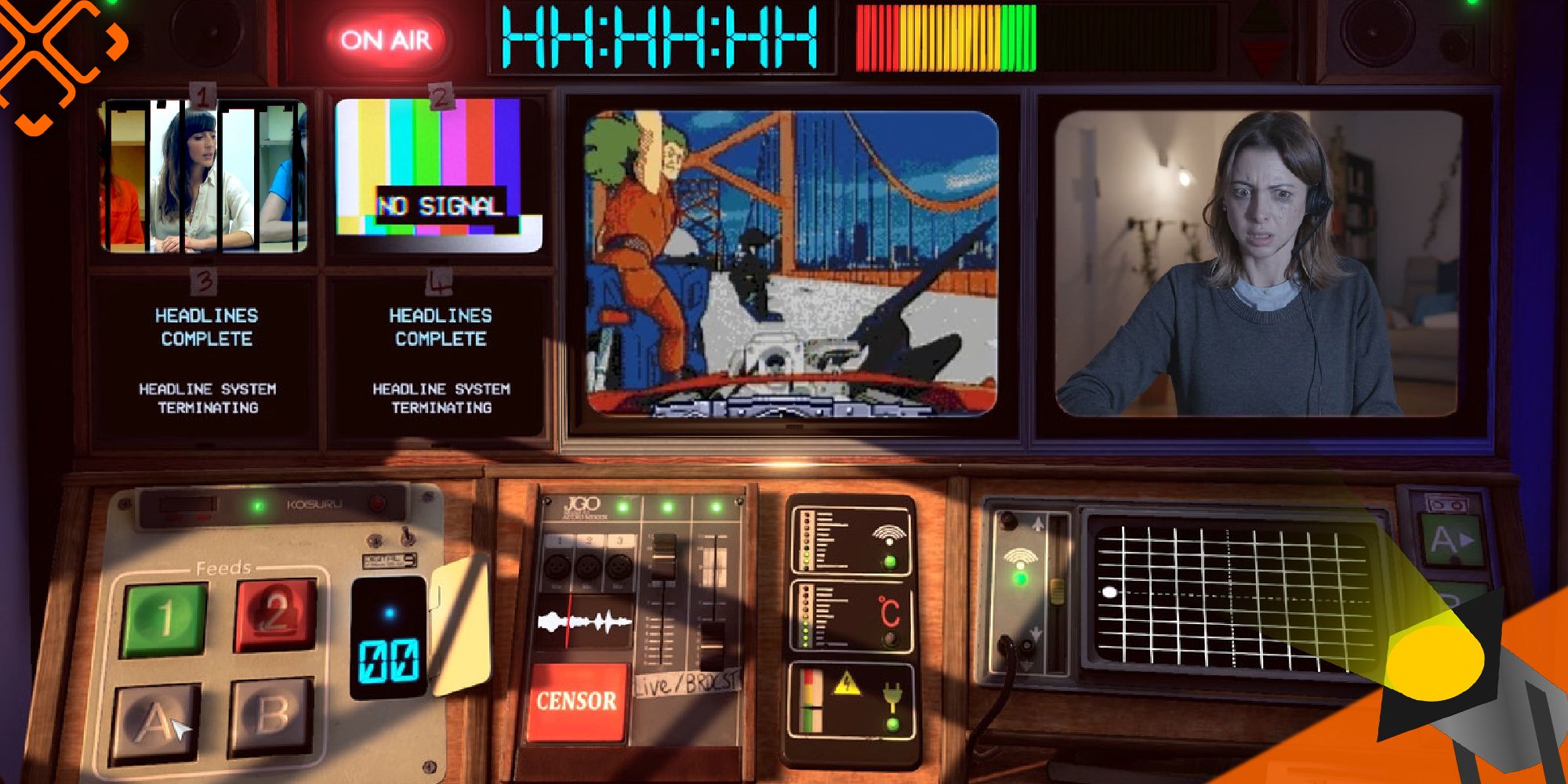 a screenshot from not for broadcast showing loads of camera screens and tv controls