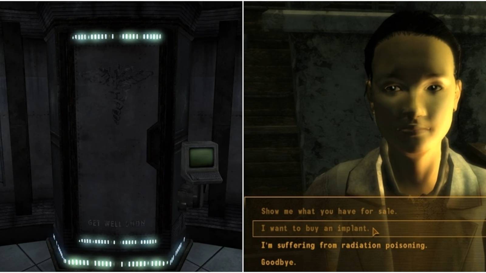 A split image of the Auto Doc and talking to Doctor Usanagi in Fallout ...