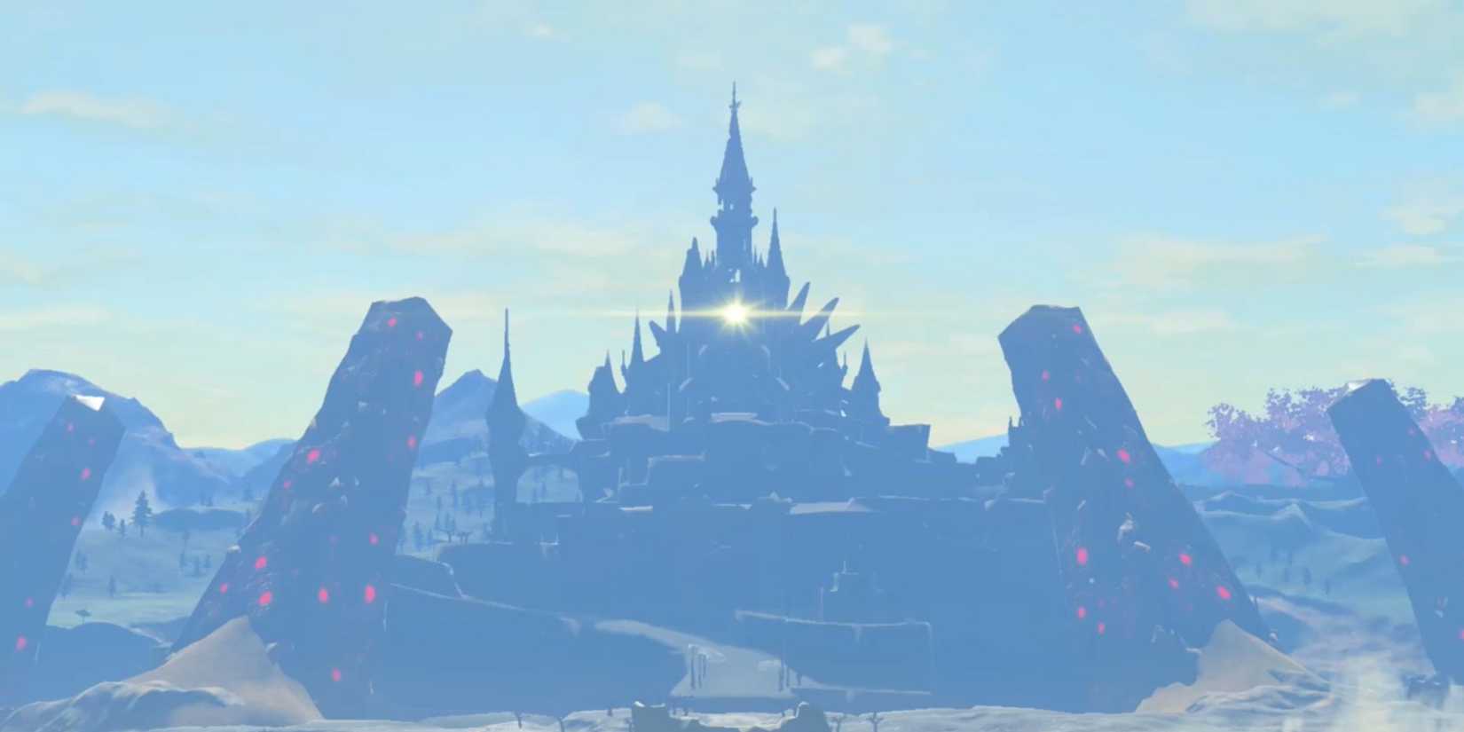 A wide -angle shot of Hyrule Castle from Breath of the Wild surrounded by giant pillars with a brilliant light coming from its center