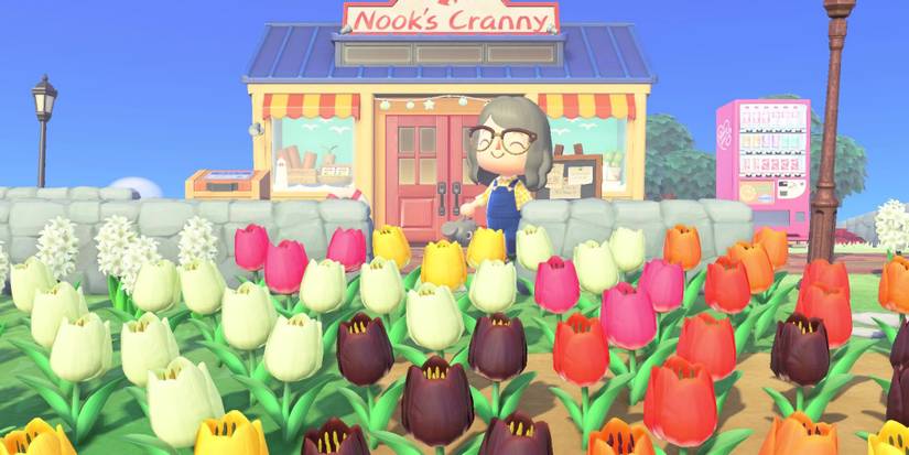 A player stands before Nooks Cranny with a tulip garden planted in front of it