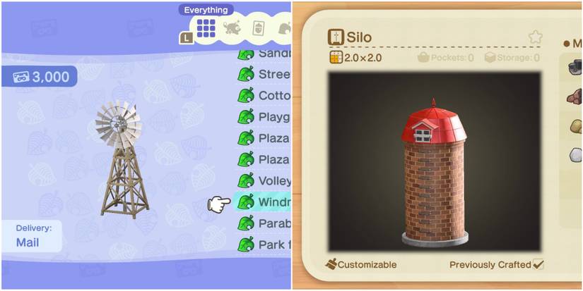 A split image form left to right: a windmill in the Nook Miles shop, and a silo in the DIY crafting screen