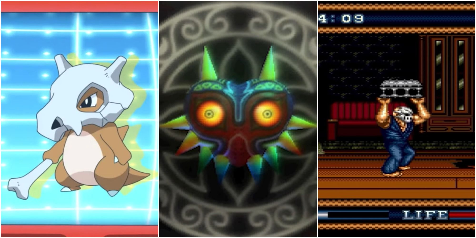 Iconic masks in video games split image screenshots of Cubone, Majora's Mask and the Terror Mask.