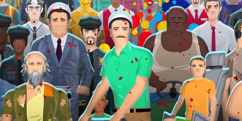 Characters from Happy Wheels look towards the camera.
