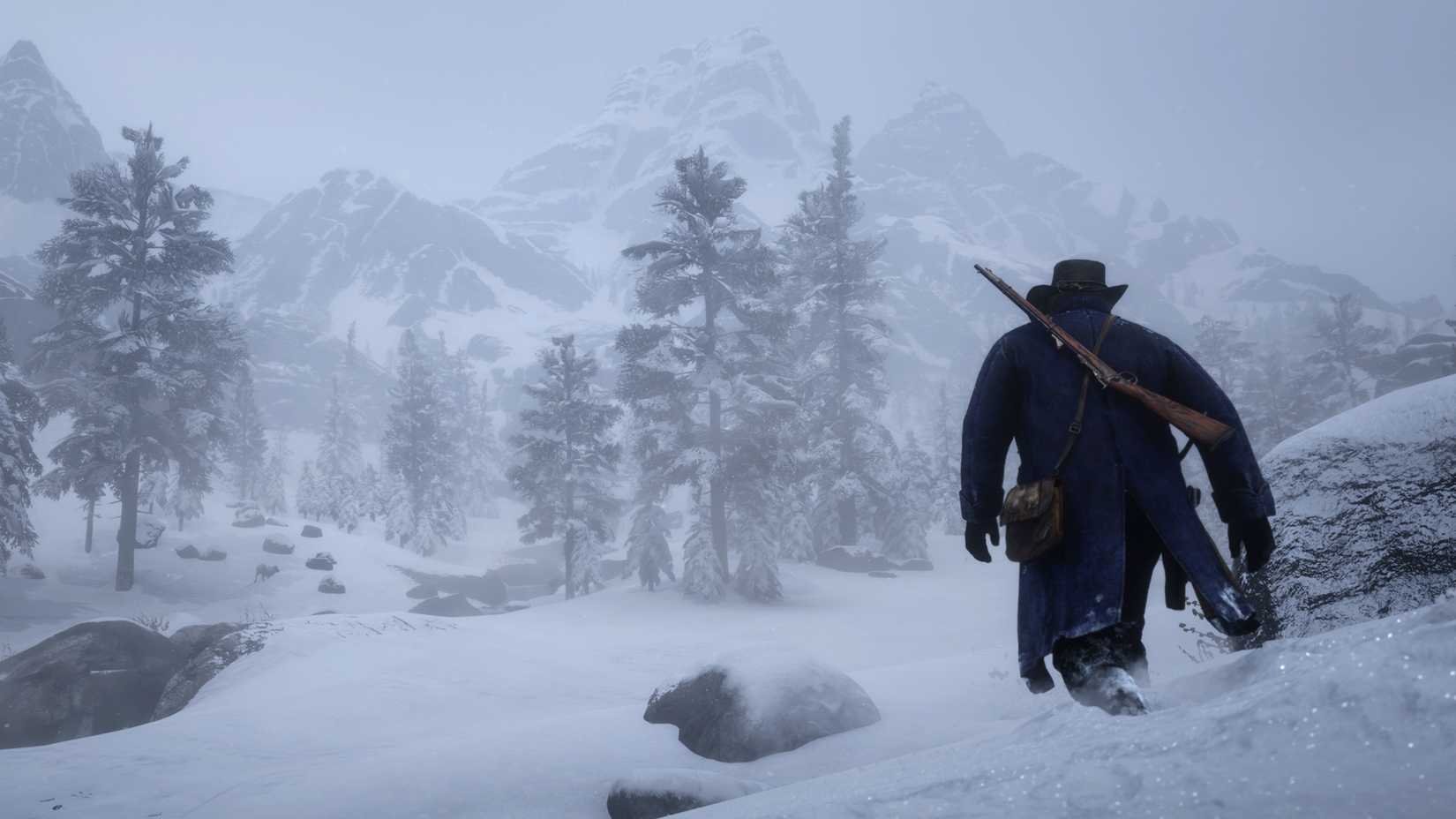 Arthur walking in the snow in Red Dead Redemption 2.