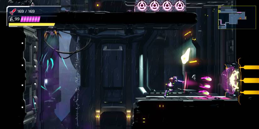 Metroid Dread screenshot showing Samus using the Wave Beam on a door