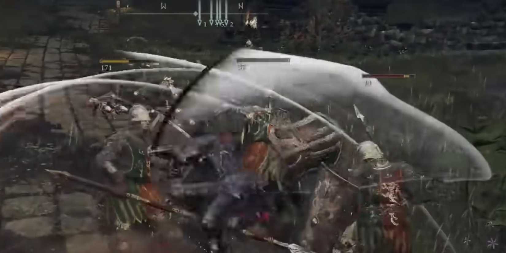 The Hand Of Malenia cuts down hordes of enemies in Elden Ring.