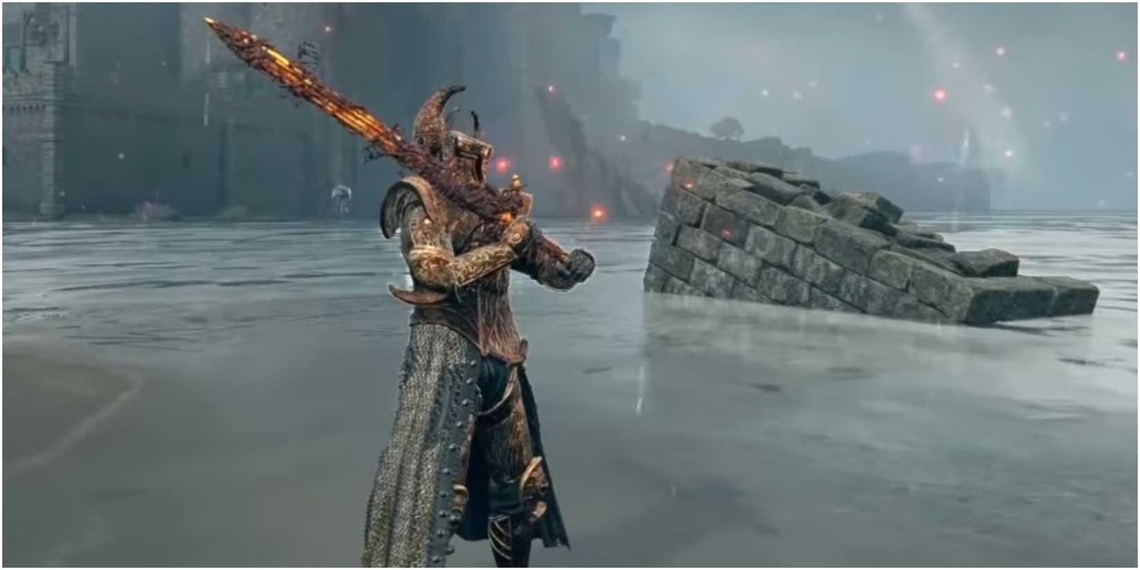 Tarnished dressed as the Crucible Knight wielding the Blasphemous Blade from Elden Ring.