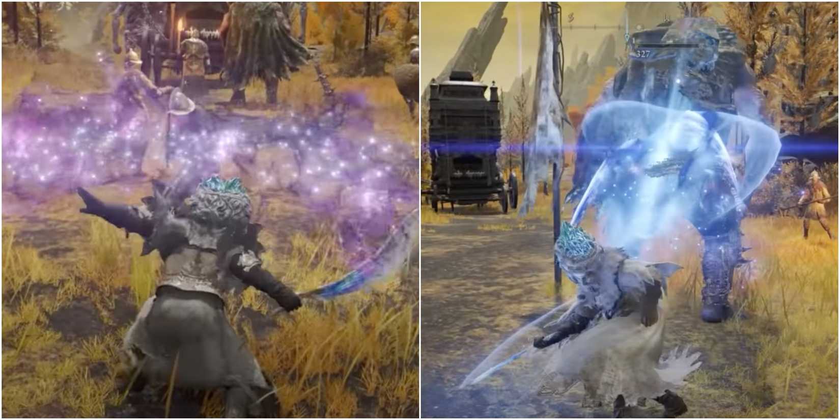 Split image of The Tarnished using Wing of Astel in Elden Ring.