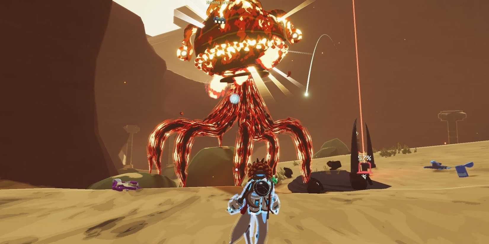 Artificer battling a fiery boss in abandoned aqueducts in Risk of Rain 2.