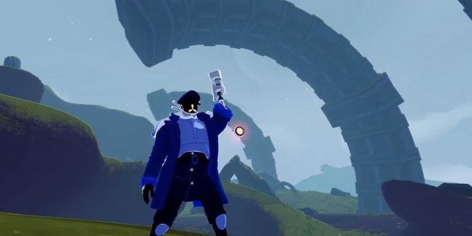 Captain holding up his gun-arm in Risk of Rain 2.