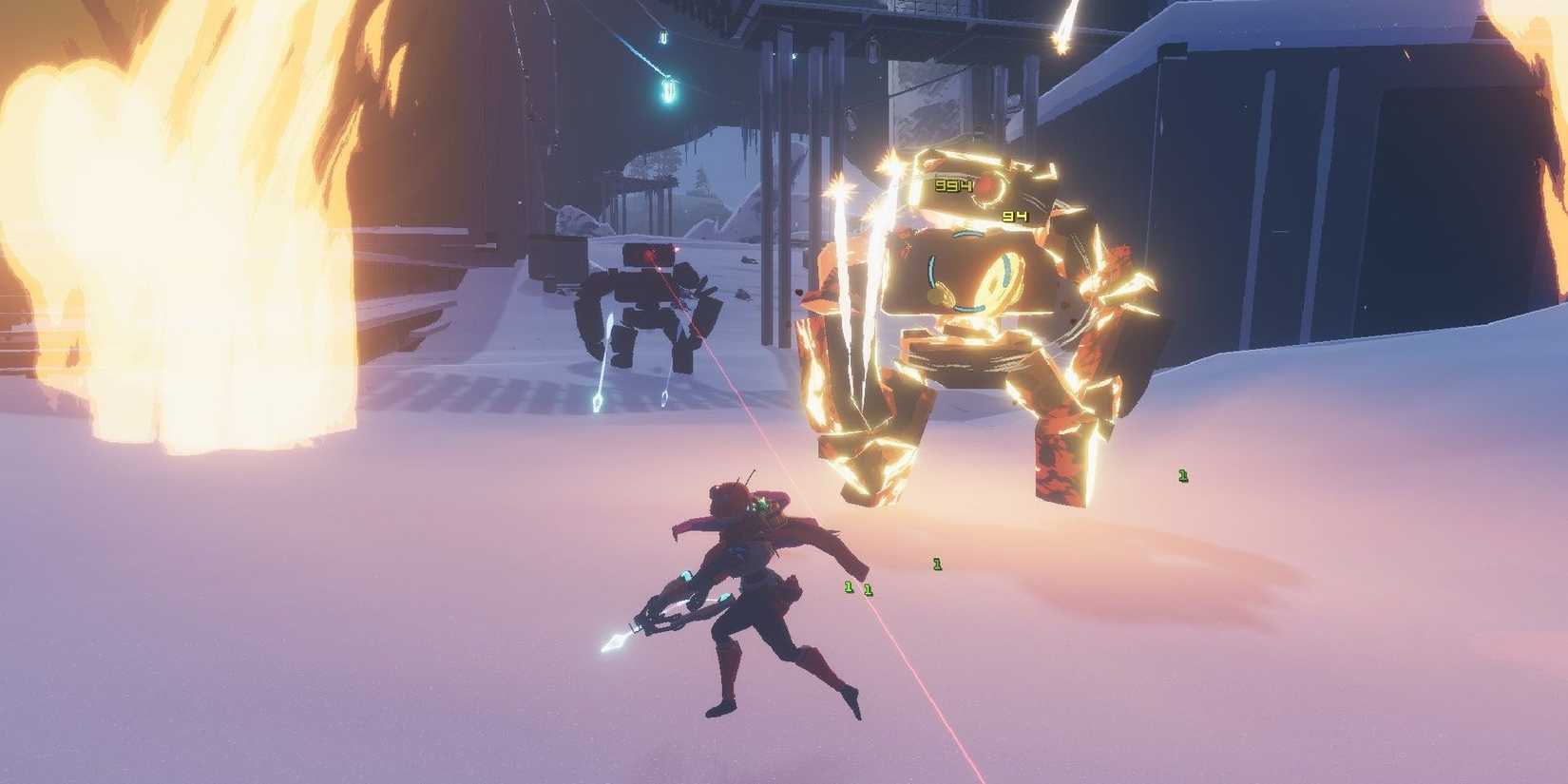 Huntress in snowy area facing two stone golems in Risk of Rain 2.