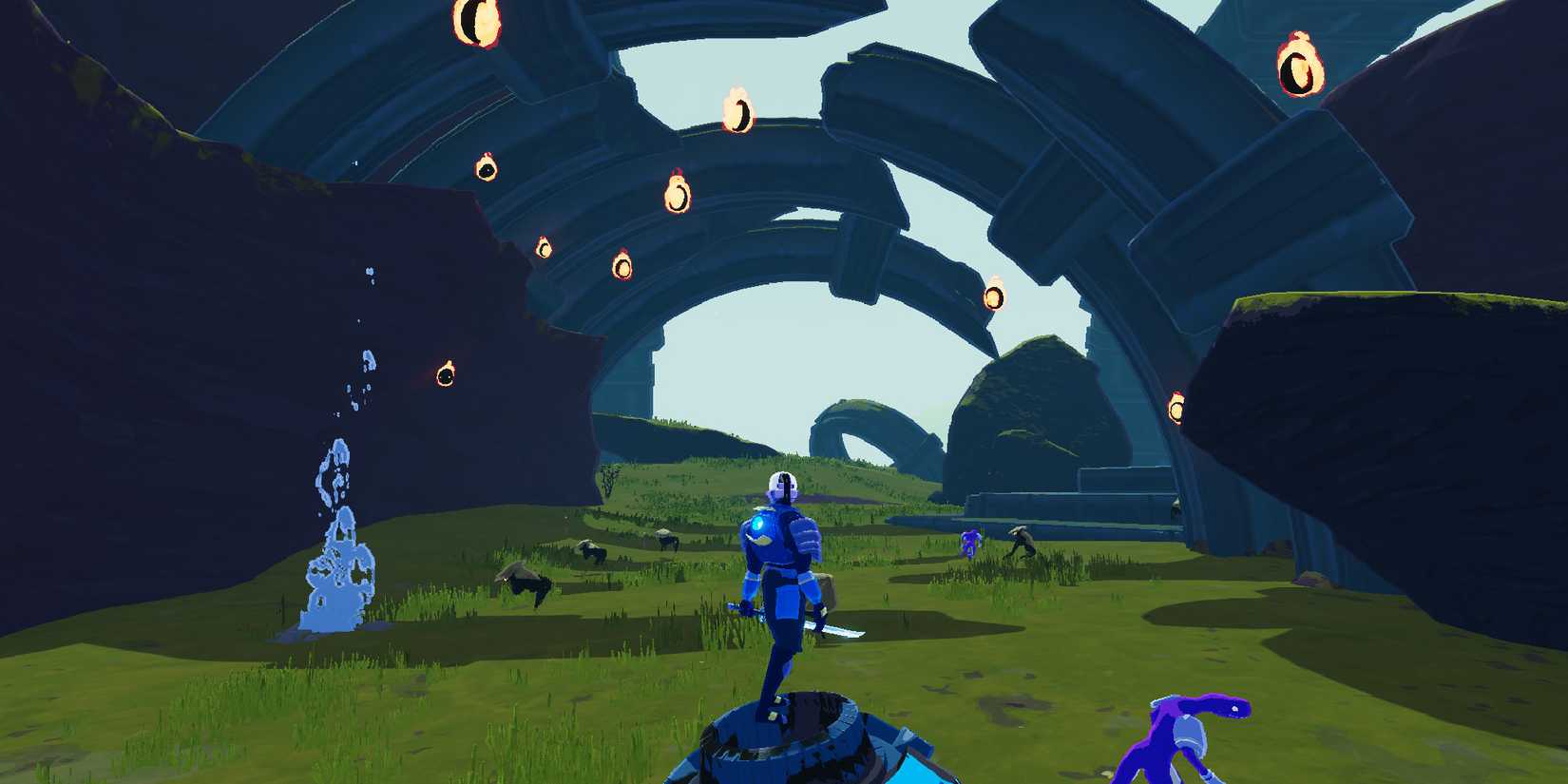 Mercenary standing on top of a crashed escape pod in Risk of Rain 2.