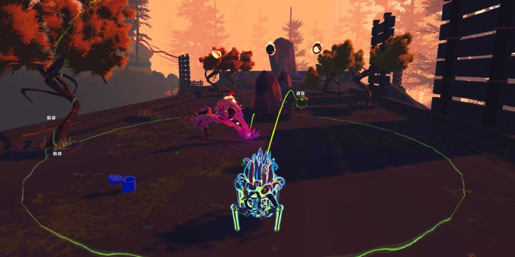 Rex standing in a healing circle looking towards some wisps in Risk of Rain 2.