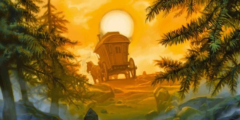 A horse-drawn cart rides off into the sunset.