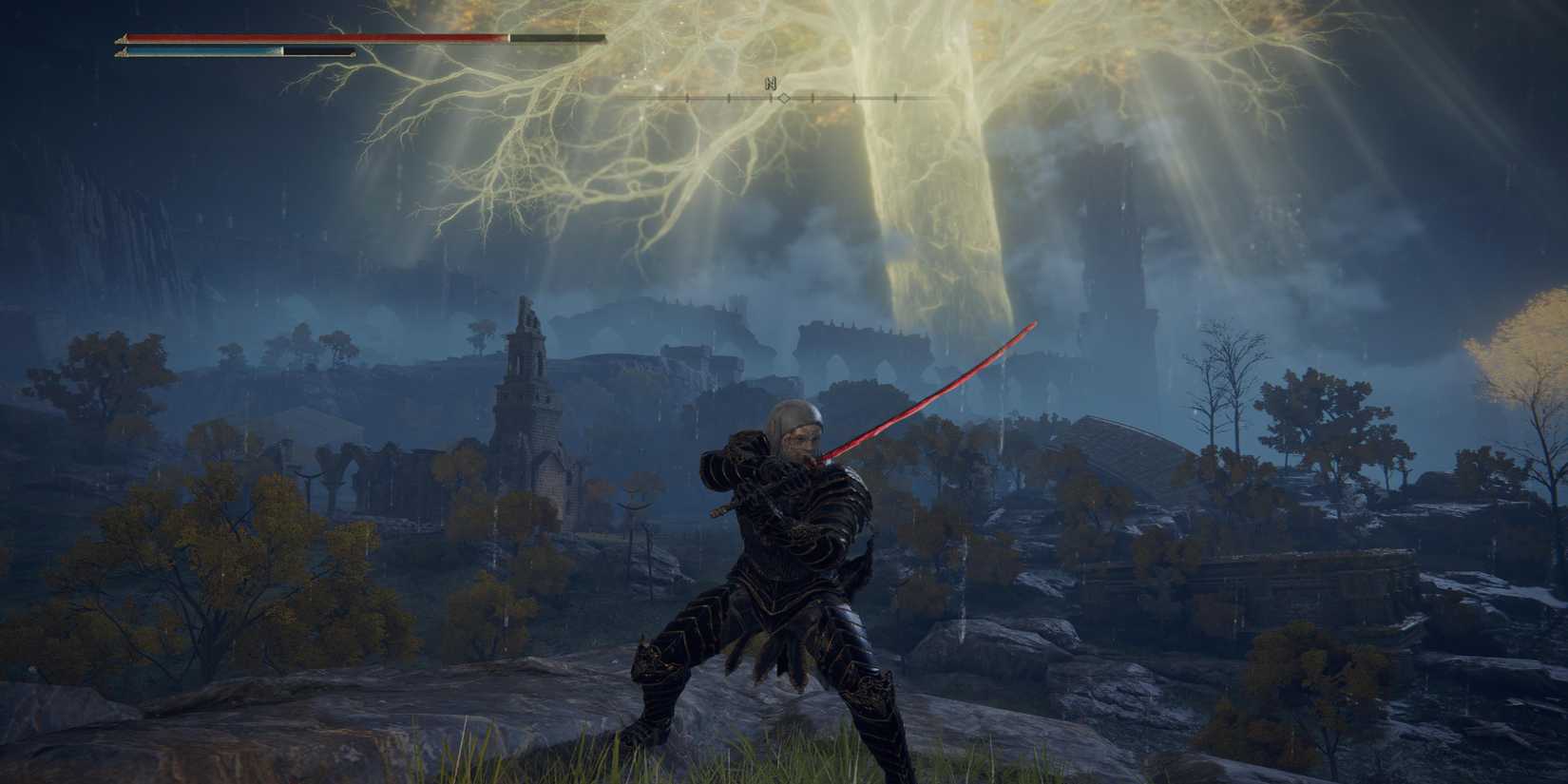 The lost protection with rivers of blood in front of Erdtree in the fire ring.