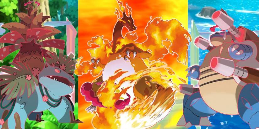 Gigantamax Venusaur ona forest background, charizard on a fire background, and Blastoise on a water background