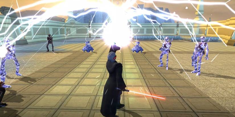 The main character using Force Storm on a crowd on Onderon in Star Wars: Knights of the Old Republic 2: The Sith Lords.