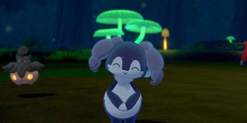 Indeedee female in a forest with a glowing mushroom and a pumpkaboo