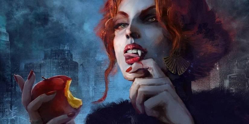 A redhead woman eats an apple while she bites her finger