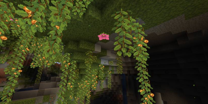 spore bloom on roof of lush cave