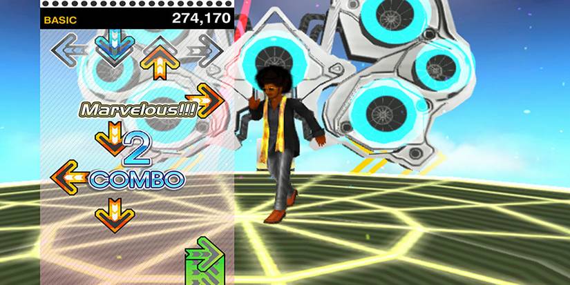 Afro dances across a stereoscape platform while arrows fly up the screen in Dance Dance Revolution V.