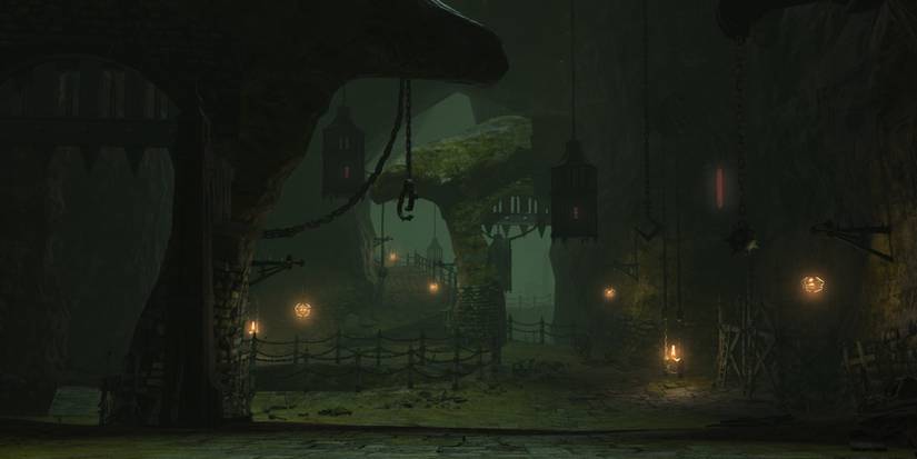 dark and dimly lit halatali dungeon landscape in Final Fantasy 14