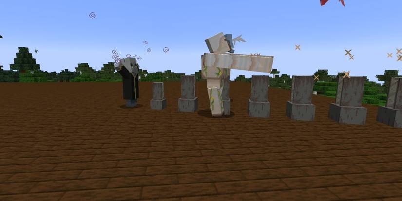 evoker using fang attack on iron golem