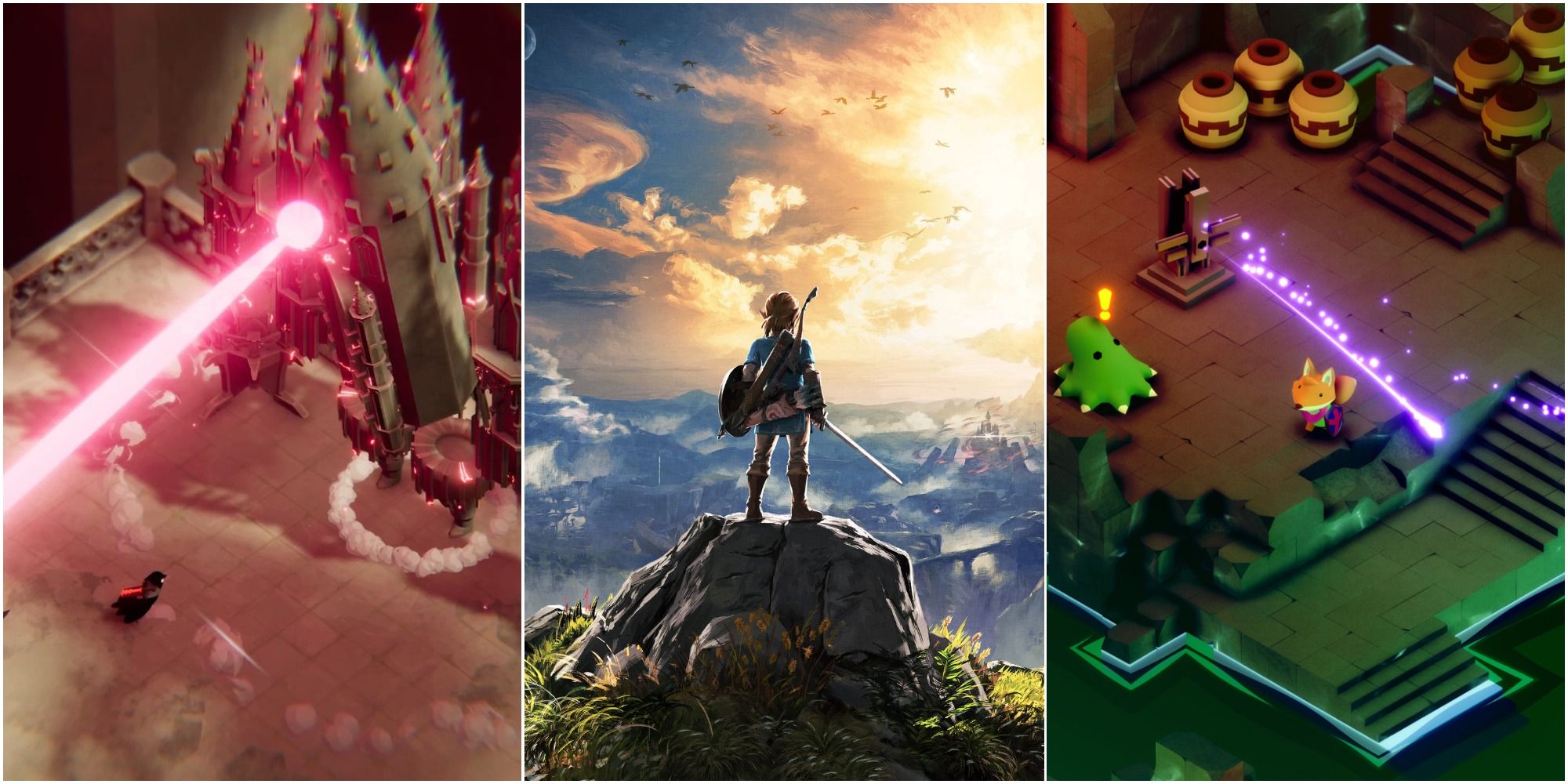 A collage showing the cover of The Legend of Zelda: Breath of the Wild alongside games from Death's Door and Tunic
